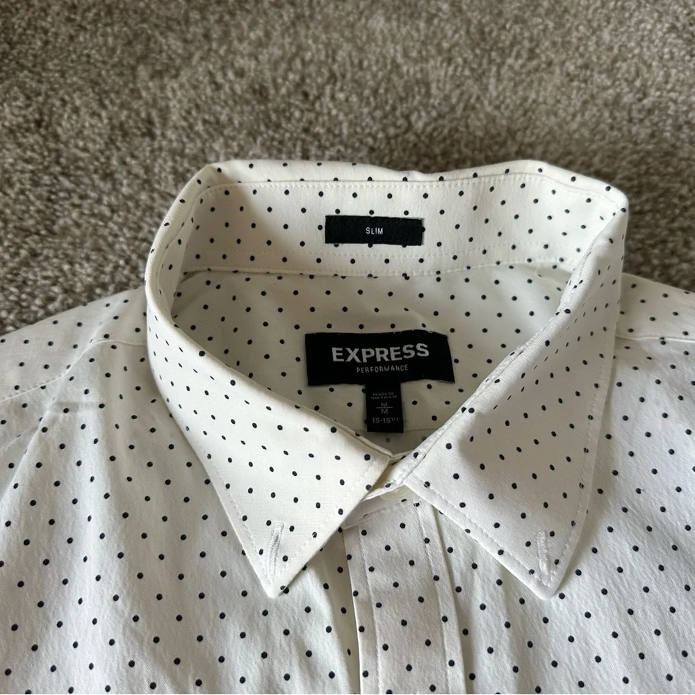 Express Slim Performance Shirt – White with Navy Blue Polka Dots, Size M - Picture 2 of 2